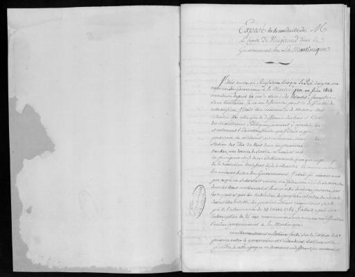 Exposé par Vaugiraud de sa conduite dans le gouvernement de la Martinique depuis sa nomination jusqu'à son départ, 34 p., [janvier 1818]. - 1 pièce.